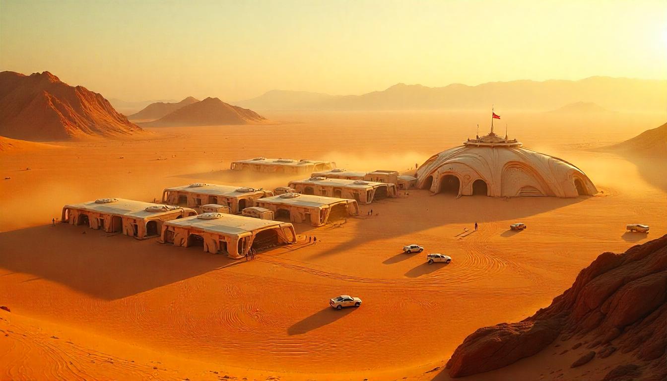 Futuristic cityscape with advanced technology infrastructure and neon lights in a desert setting at dusk