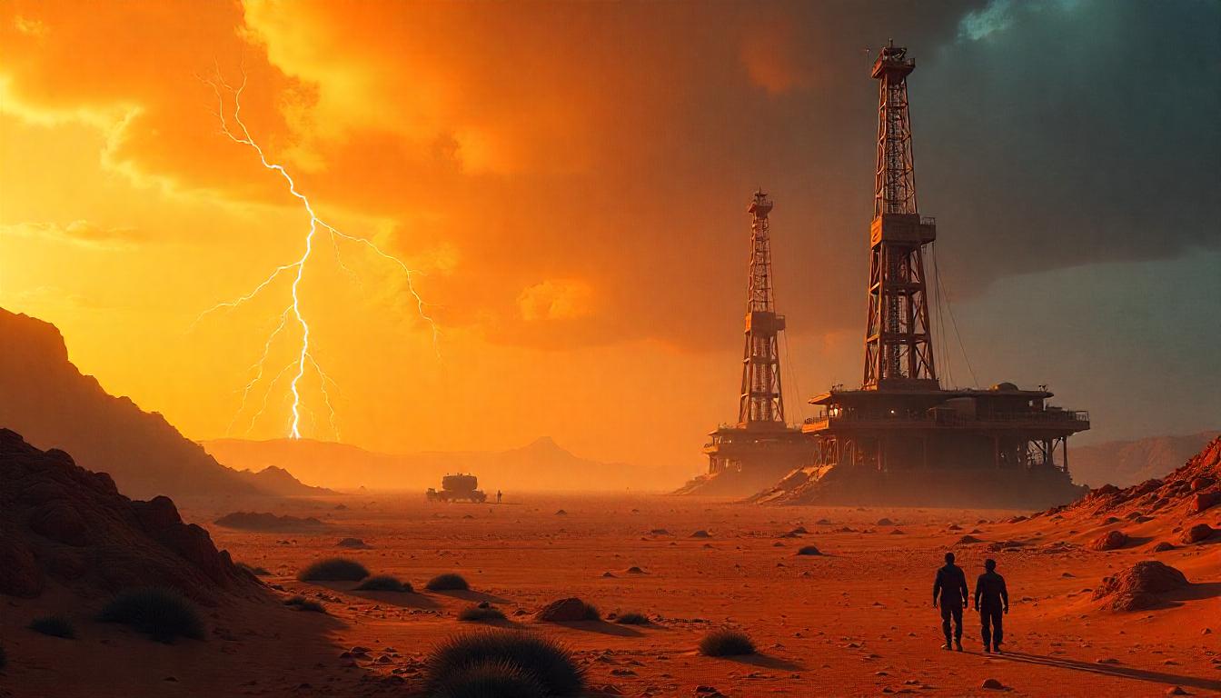 Futuristic desert cityscape at sunset with a central towering structure, rows of spherical buildings, and crowds of people