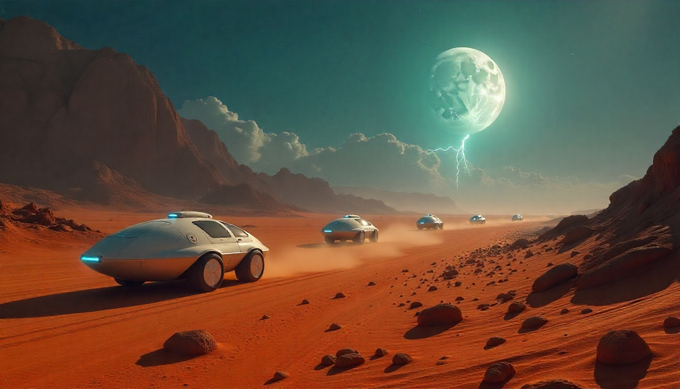 Futuristic cityscape with advanced technology infrastructure and neon lights in a desert setting at dusk