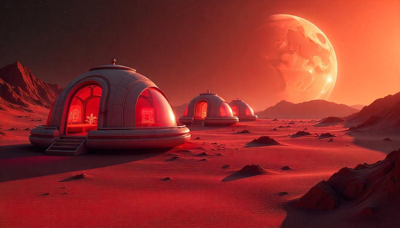 A desert colony set up with futuristic structures and tall buildings in sight