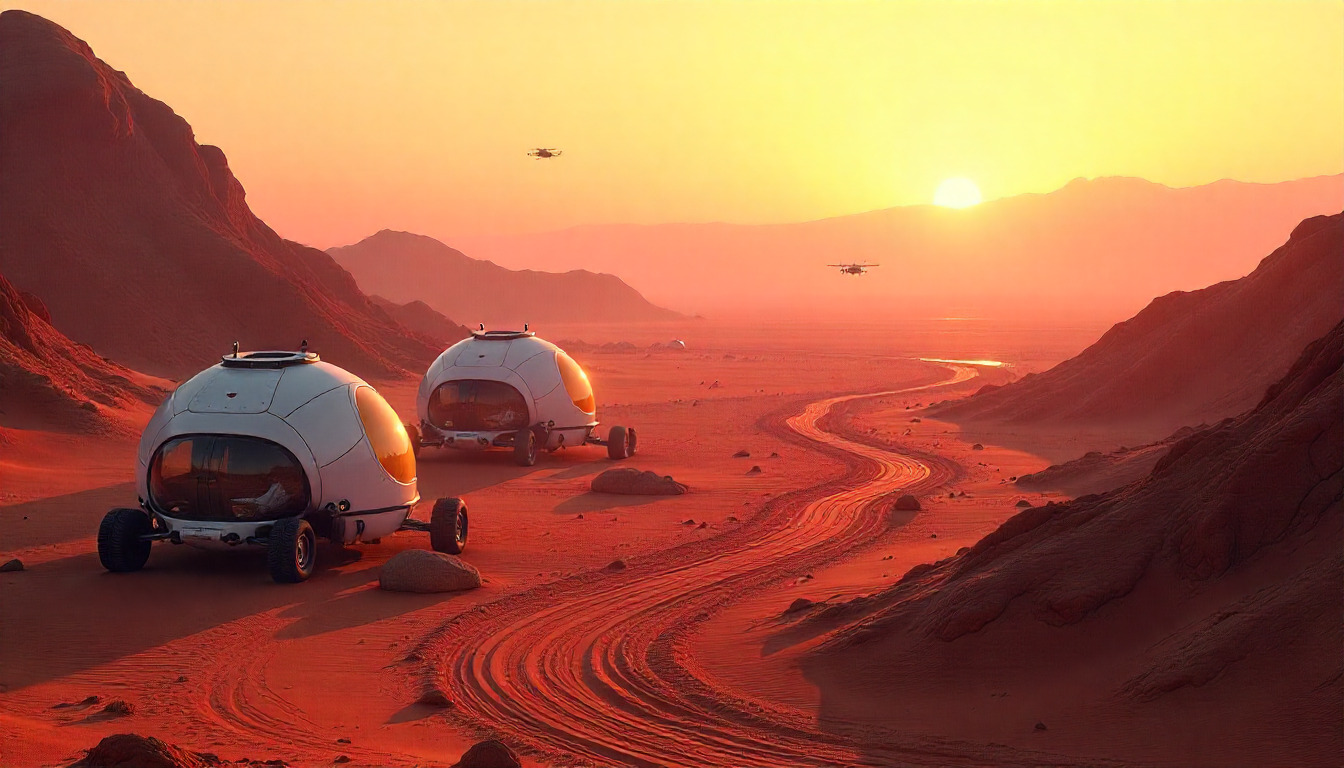 Futuristic cityscape with advanced technology infrastructure and neon lights in a desert setting at dusk