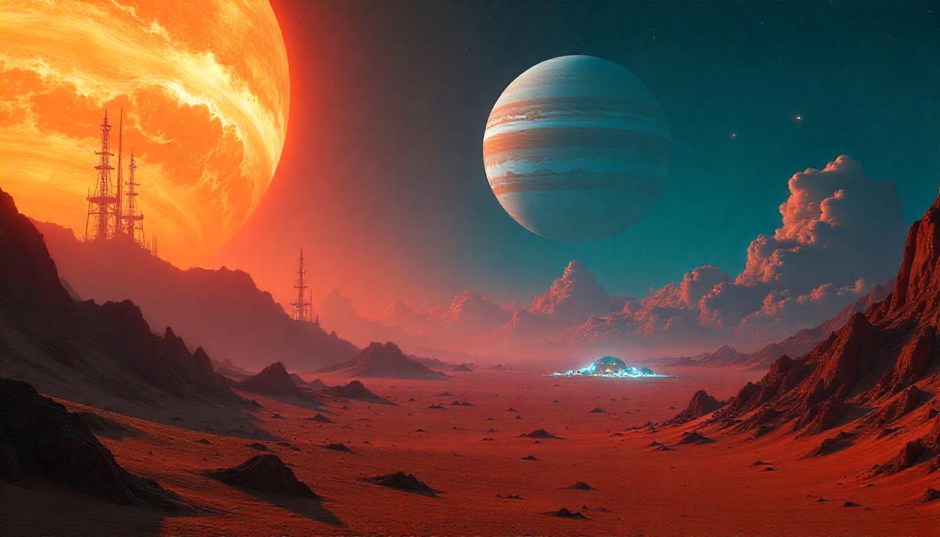 Futuristic cityscape with advanced technology infrastructure and neon lights in a desert setting at dusk