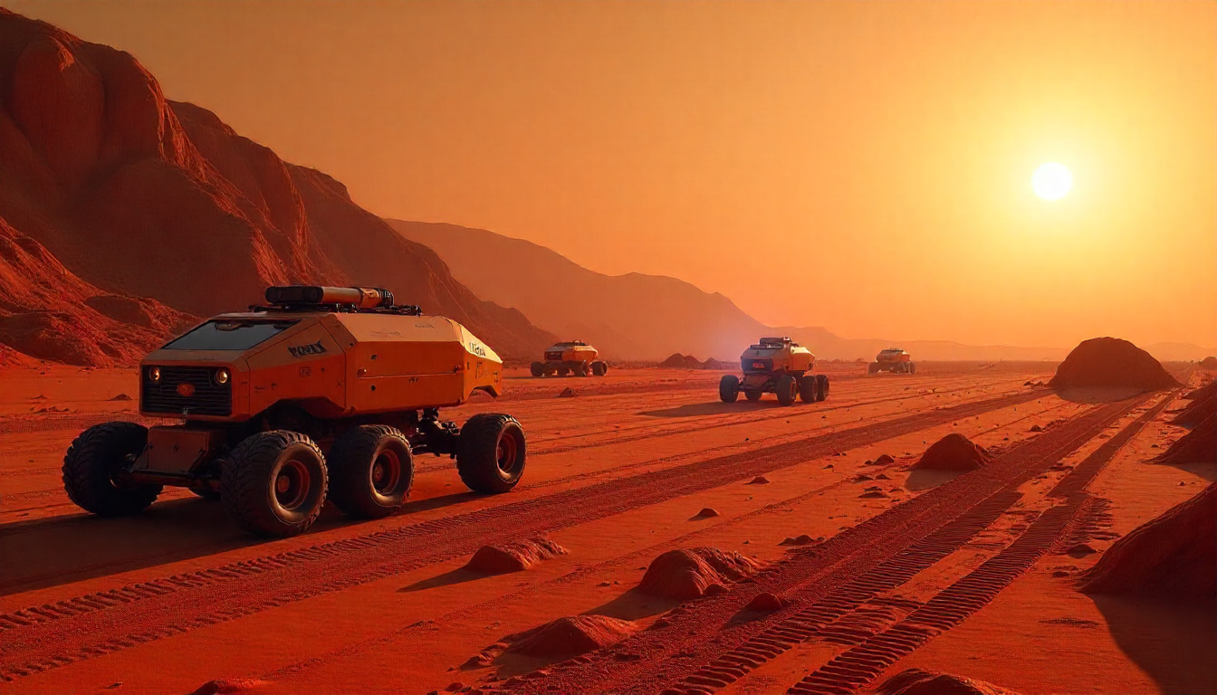 a futuristic marsian desert colony with red dunes in sight and 2 heavy duty rovers working on field