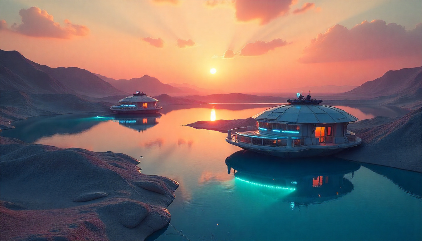 Futuristic cityscape with advanced technology infrastructure and neon lights in a desert setting at dusk