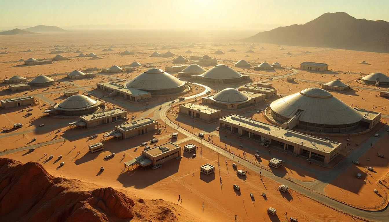 A bird’s-eye view of a massive desert encampment, showing bustling markets, engineering bays, biodomes, and vehicular traffic. The sun blazes overhead, casting long shadows over the colony’s grid layout