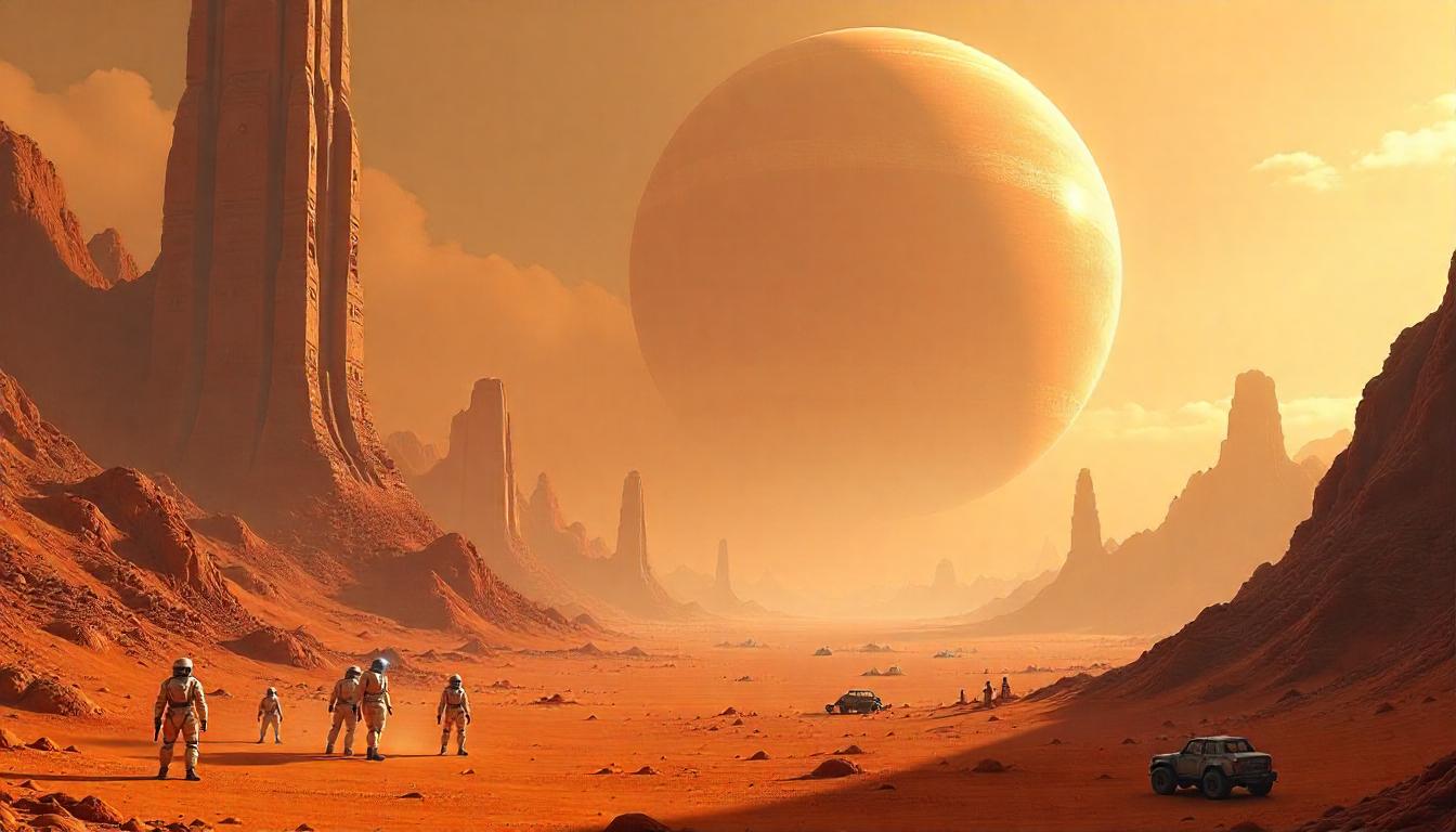 Futuristic cityscape with advanced technology infrastructure and neon lights in a desert setting at dusk