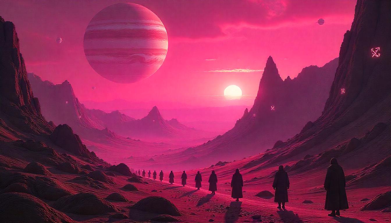 Futuristic desert cityscape at sunset with a central towering structure, rows of spherical buildings, and crowds of people