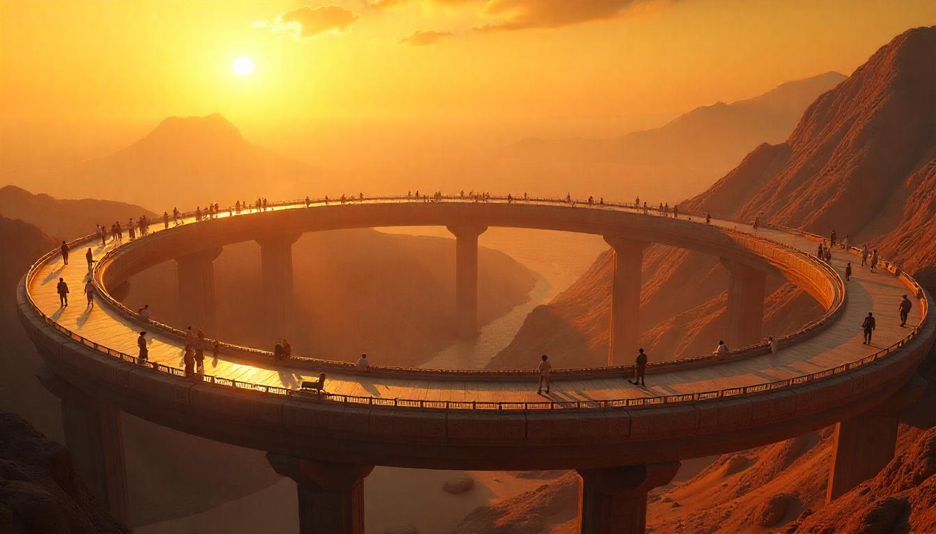 Futuristic desert cityscape at sunset with a central towering structure, rows of spherical buildings, and crowds of people