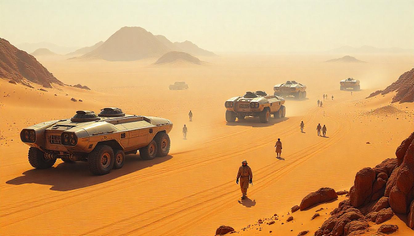 Futuristic cityscape with advanced technology infrastructure and neon lights in a desert setting at dusk