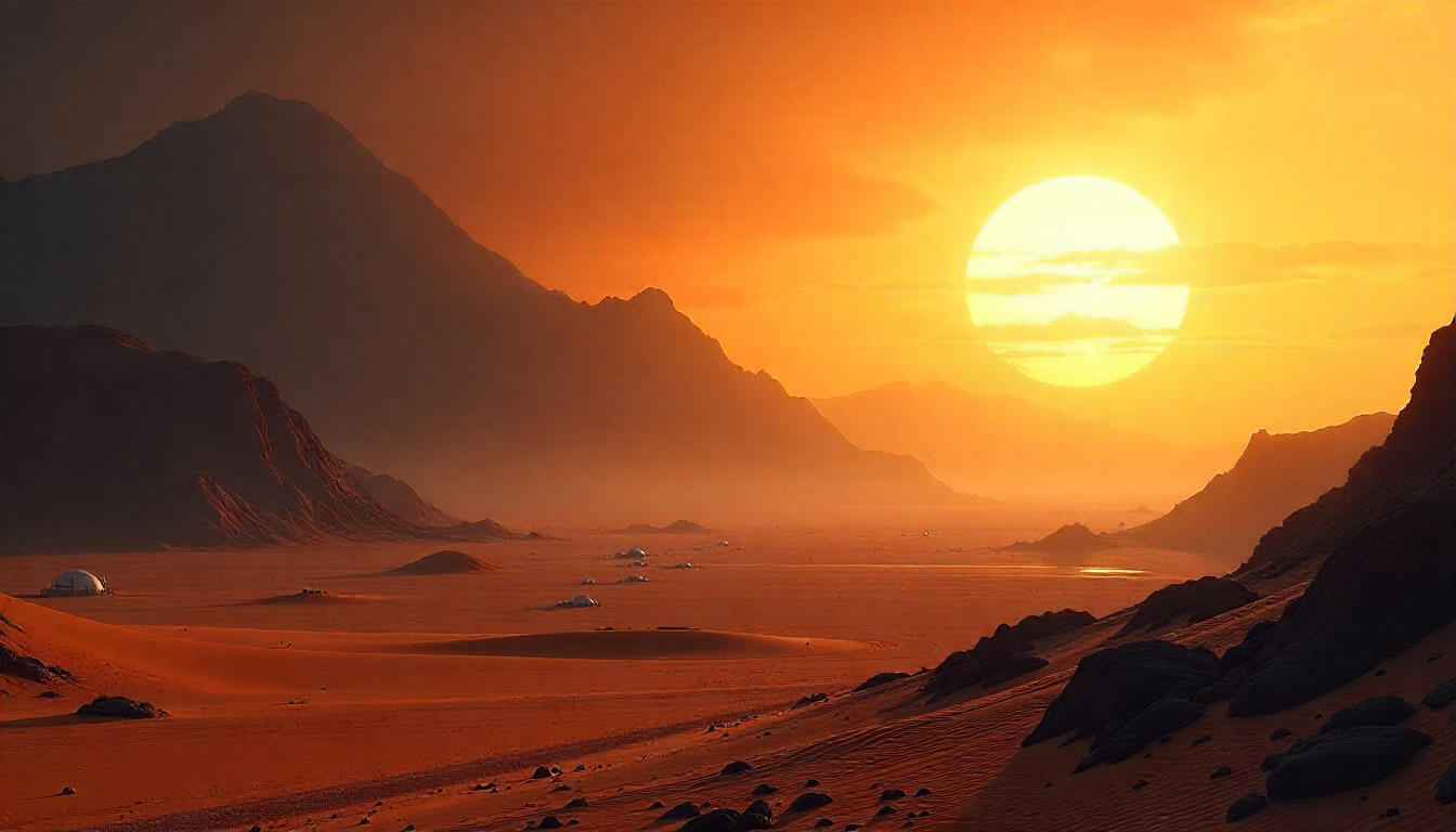 Futuristic cityscape with advanced technology infrastructure and neon lights in a desert setting at dusk
