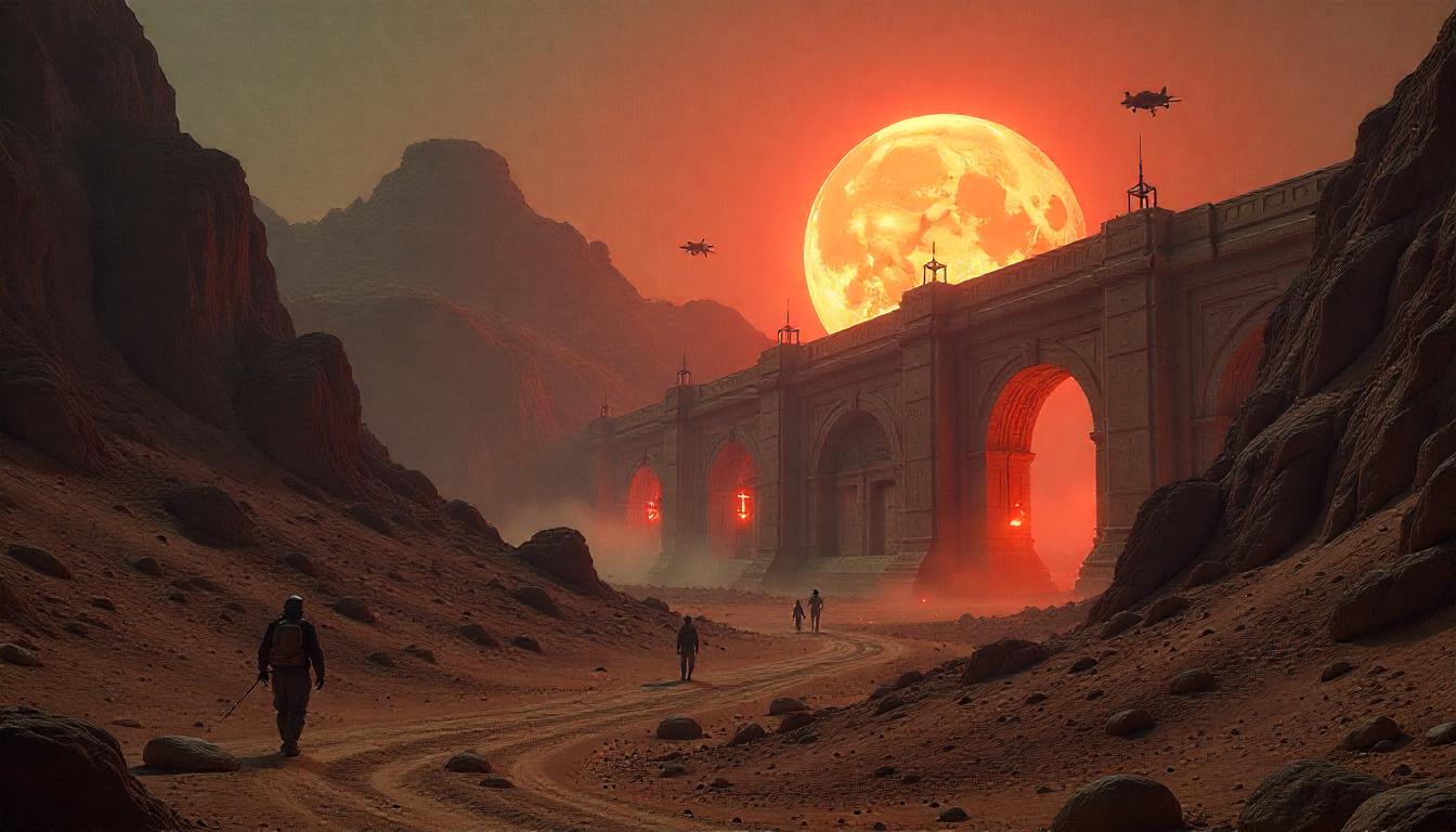 Futuristic cityscape with advanced technology infrastructure and neon lights in a desert setting at dusk