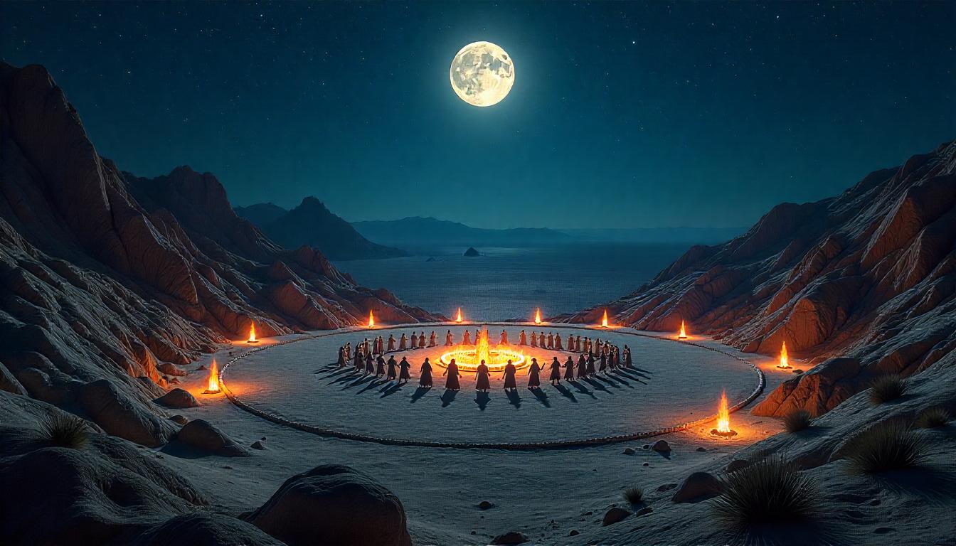 A circular desert colony aligned to starlight, with tall obsidian spires, glowing mineral gardens, and a ceremonial gathering at its center.