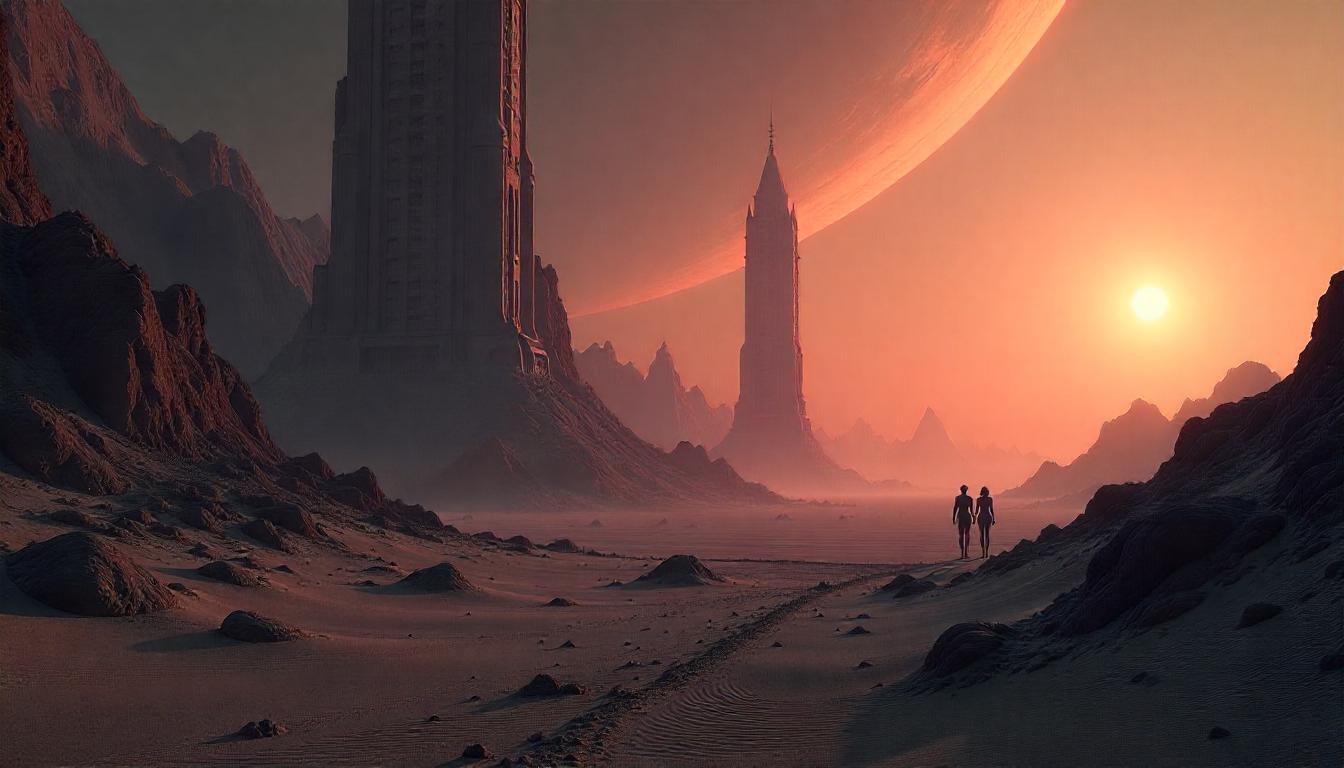 Futuristic cityscape with advanced technology infrastructure and neon lights in a desert setting at dusk