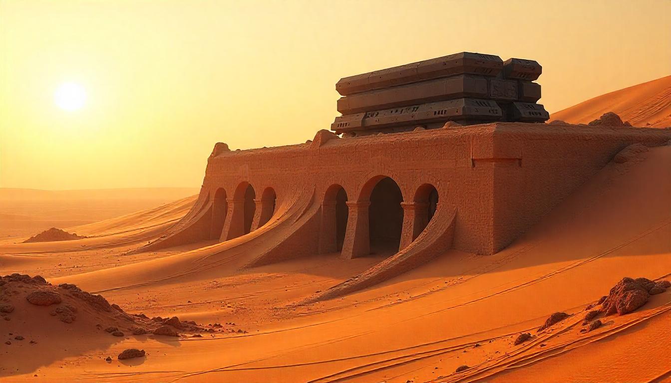 A desert colony set up with futuristic structures and tall buildings in sight