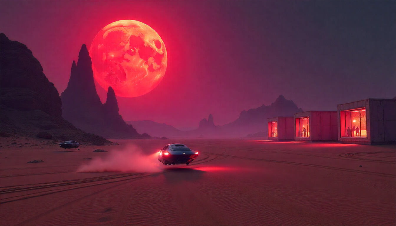 A futuristic eerie desert landscape with pods filled with people and a super rover is seen flying on its surface