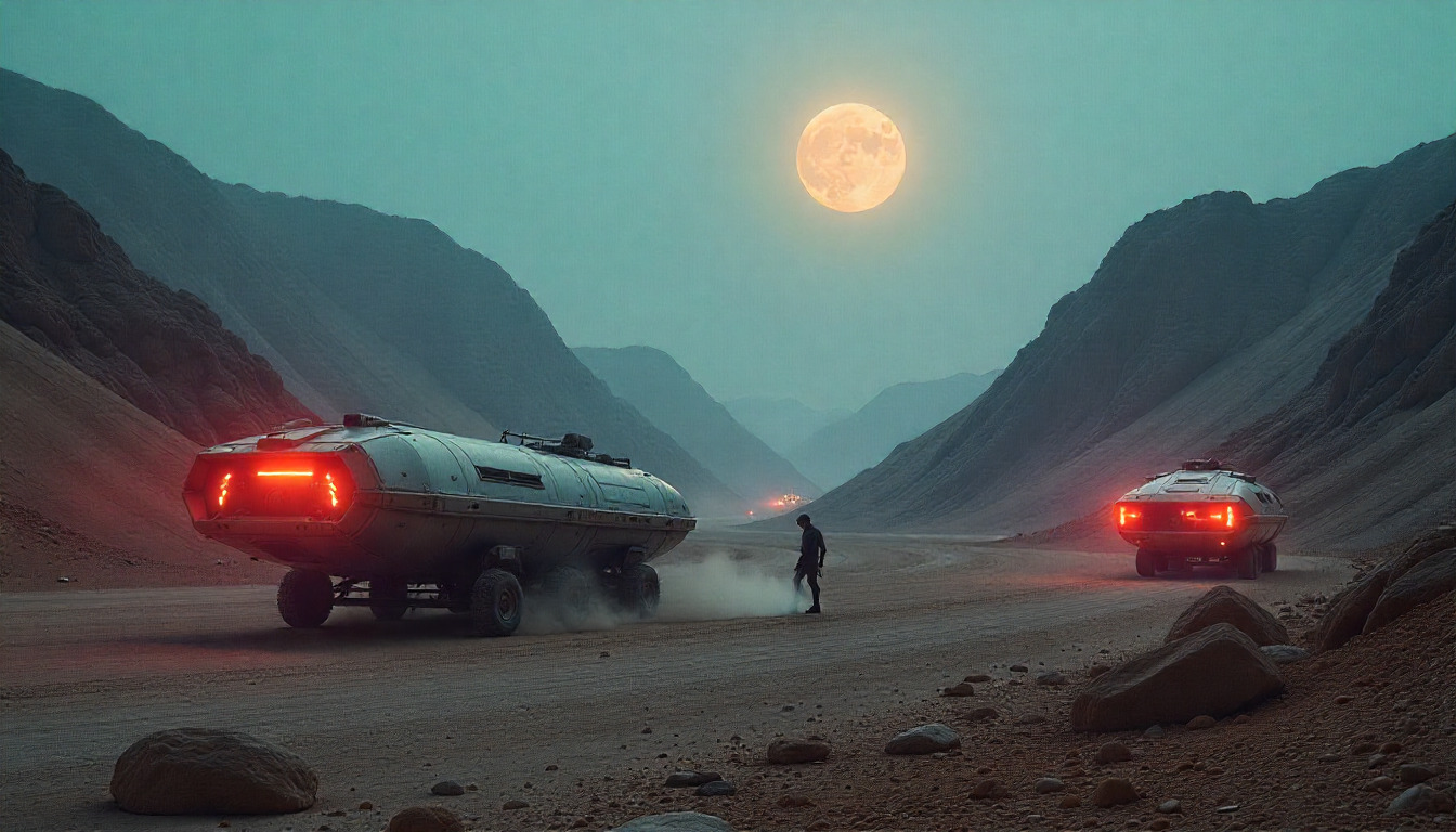 Futuristic cityscape with advanced technology infrastructure and neon lights in a desert setting at dusk