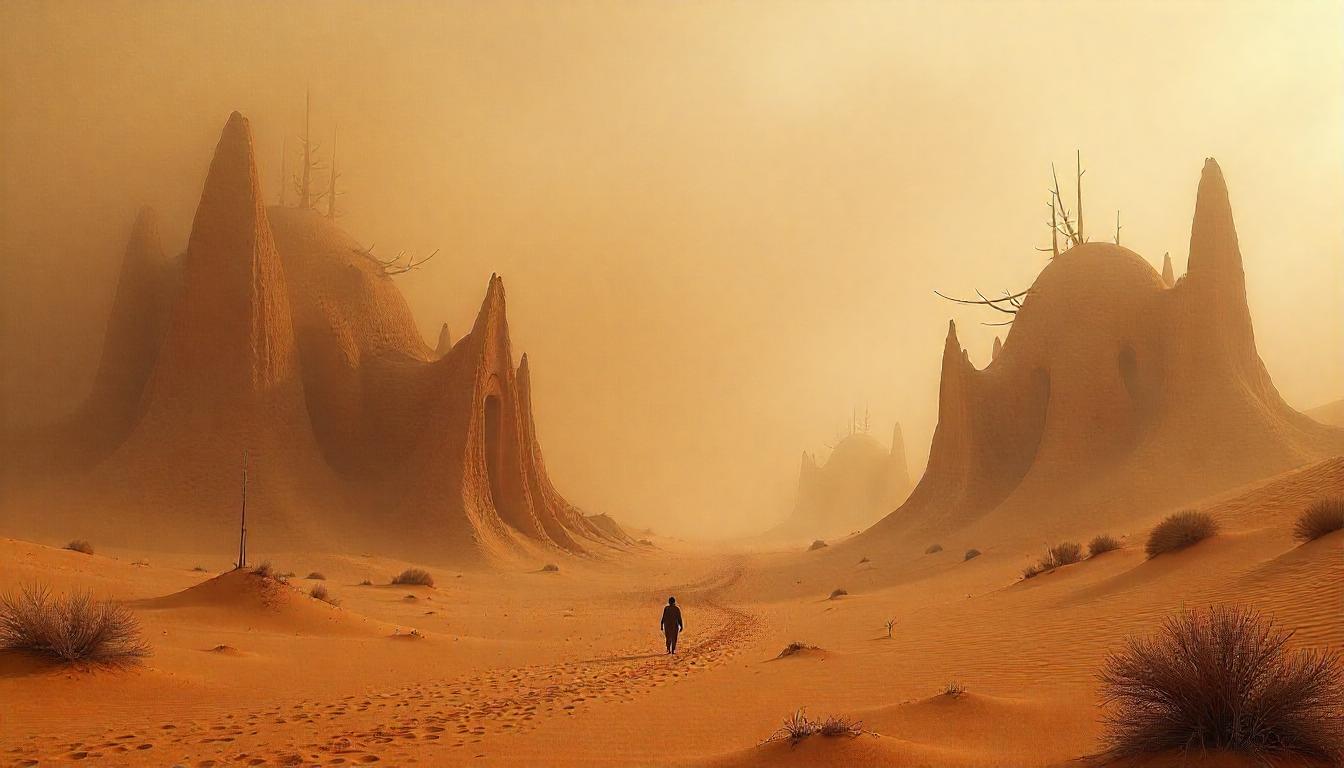 Futuristic cityscape with advanced technology infrastructure and neon lights in a desert setting at dusk