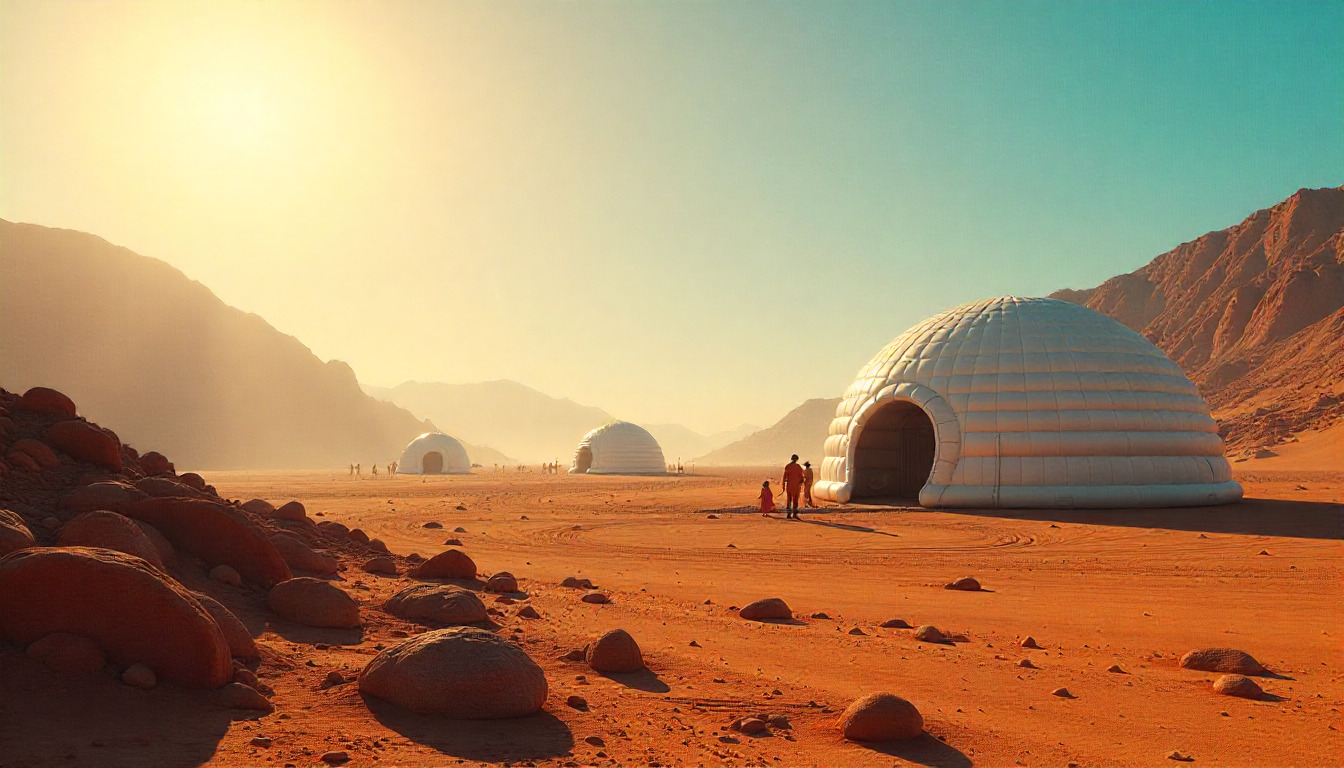 an abandoned desert landscape with two people walking towards a large white dome like structure in the middle of the dusty rock mountains