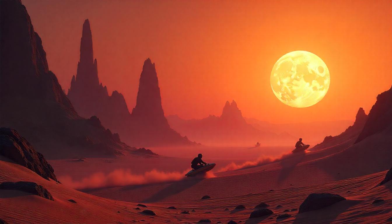 Futuristic cityscape with advanced technology infrastructure and neon lights in a desert setting at dusk