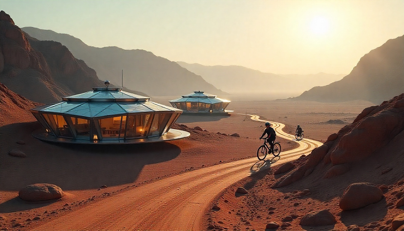 Futuristic cityscape with advanced technology infrastructure and neon lights in a desert setting at dusk