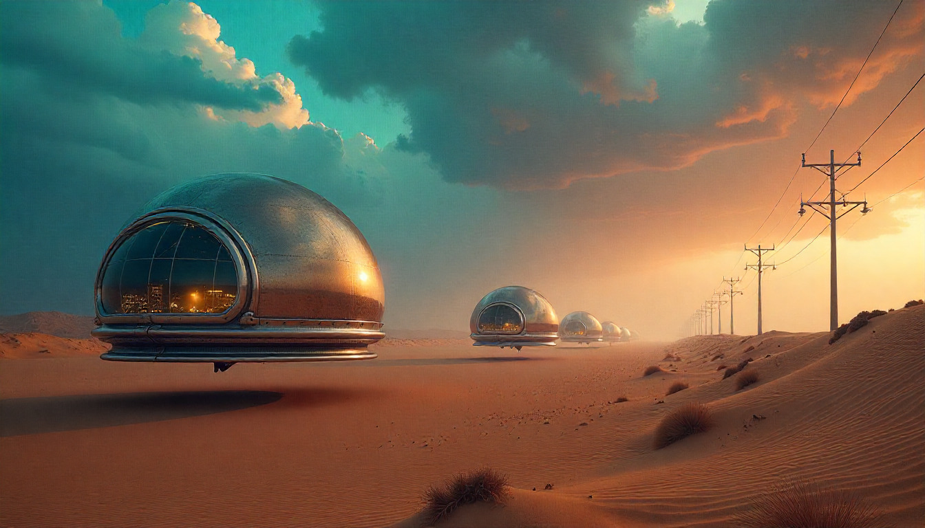 Futuristic cityscape with advanced technology infrastructure and neon lights in a desert setting at dusk