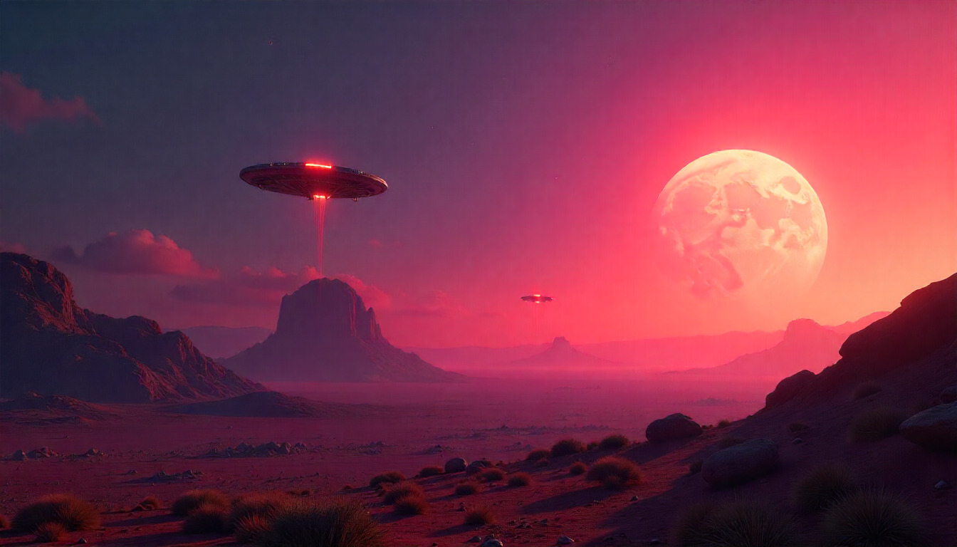 Futuristic cityscape with advanced technology infrastructure and neon lights in a desert setting at dusk