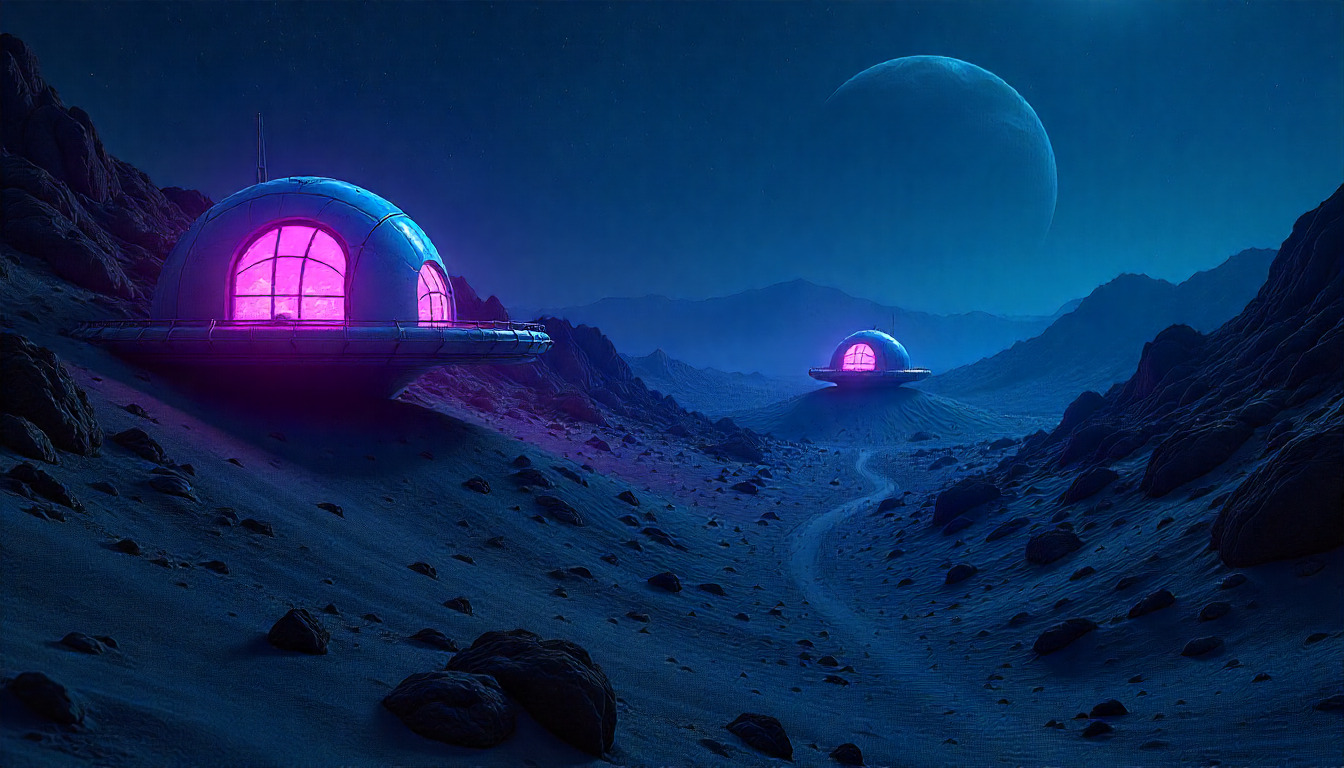 Futuristic cityscape with advanced technology infrastructure and neon lights in a desert setting at dusk