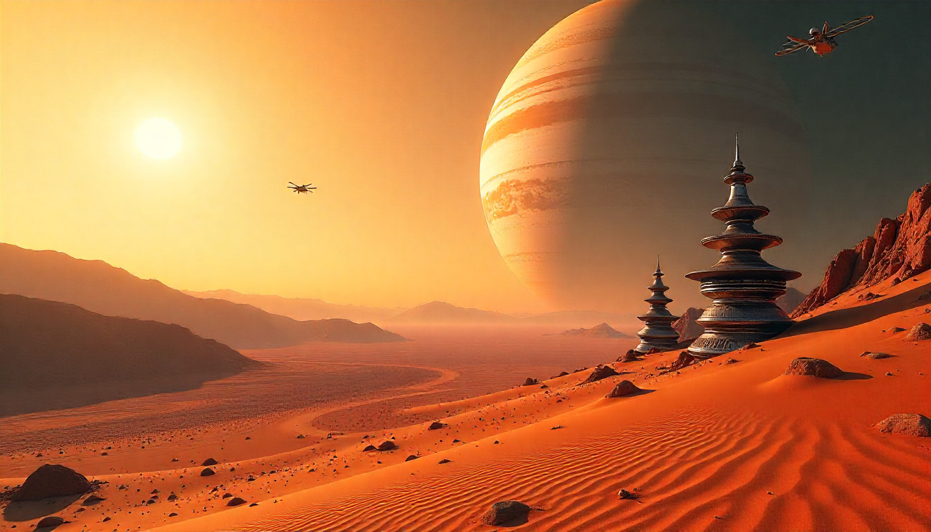 Futuristic cityscape with advanced technology infrastructure and neon lights in a desert setting at dusk