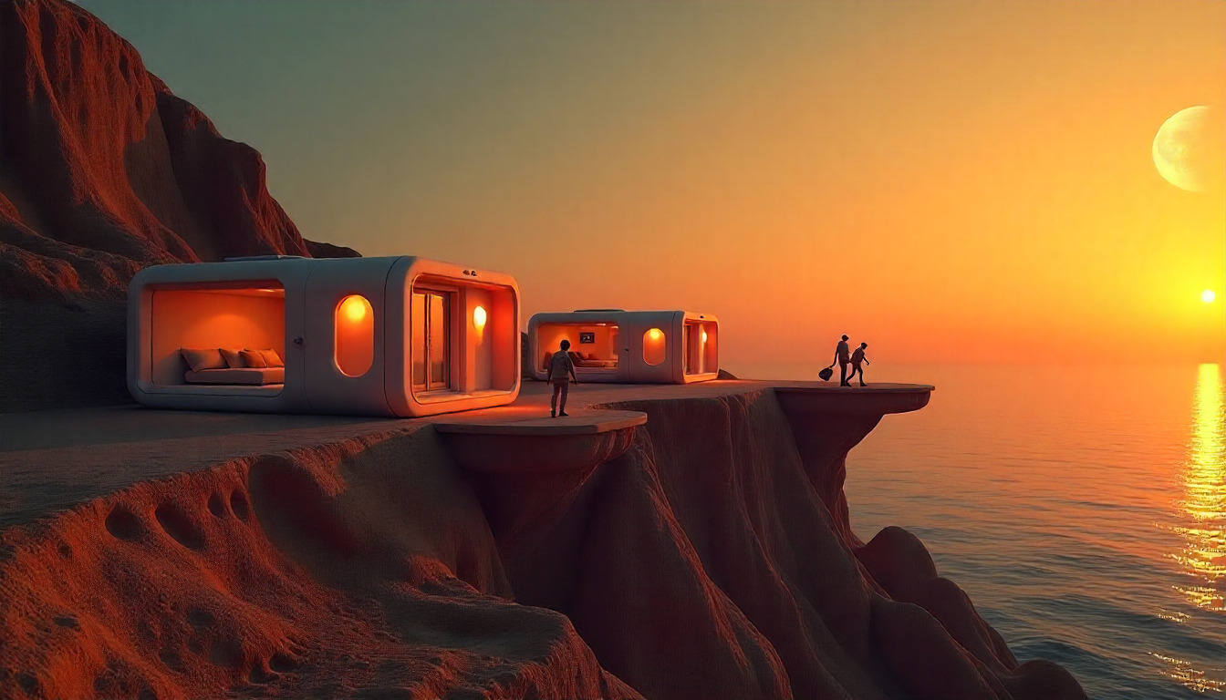 Futuristic cityscape with advanced technology infrastructure and neon lights in a desert setting at dusk