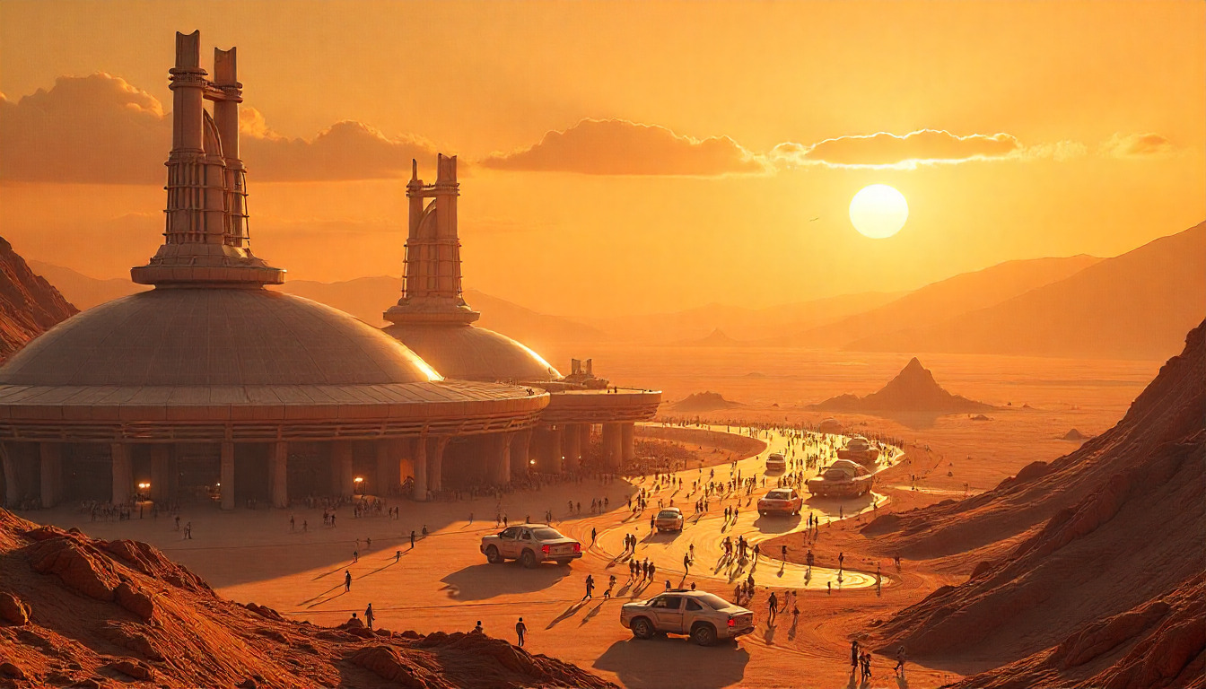 Futuristic cityscape with advanced technology infrastructure and neon lights in a desert setting at dusk