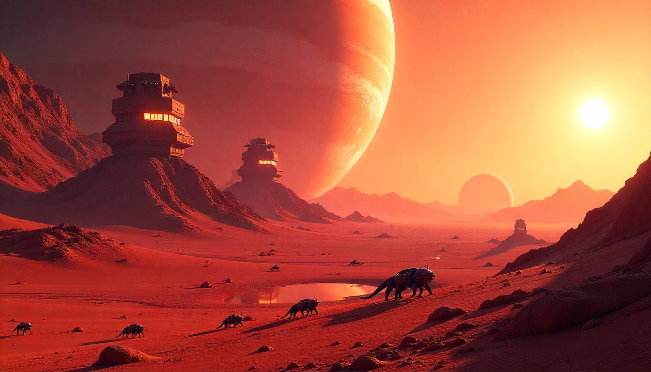 Futuristic cityscape with advanced technology infrastructure and neon lights in a desert setting at dusk