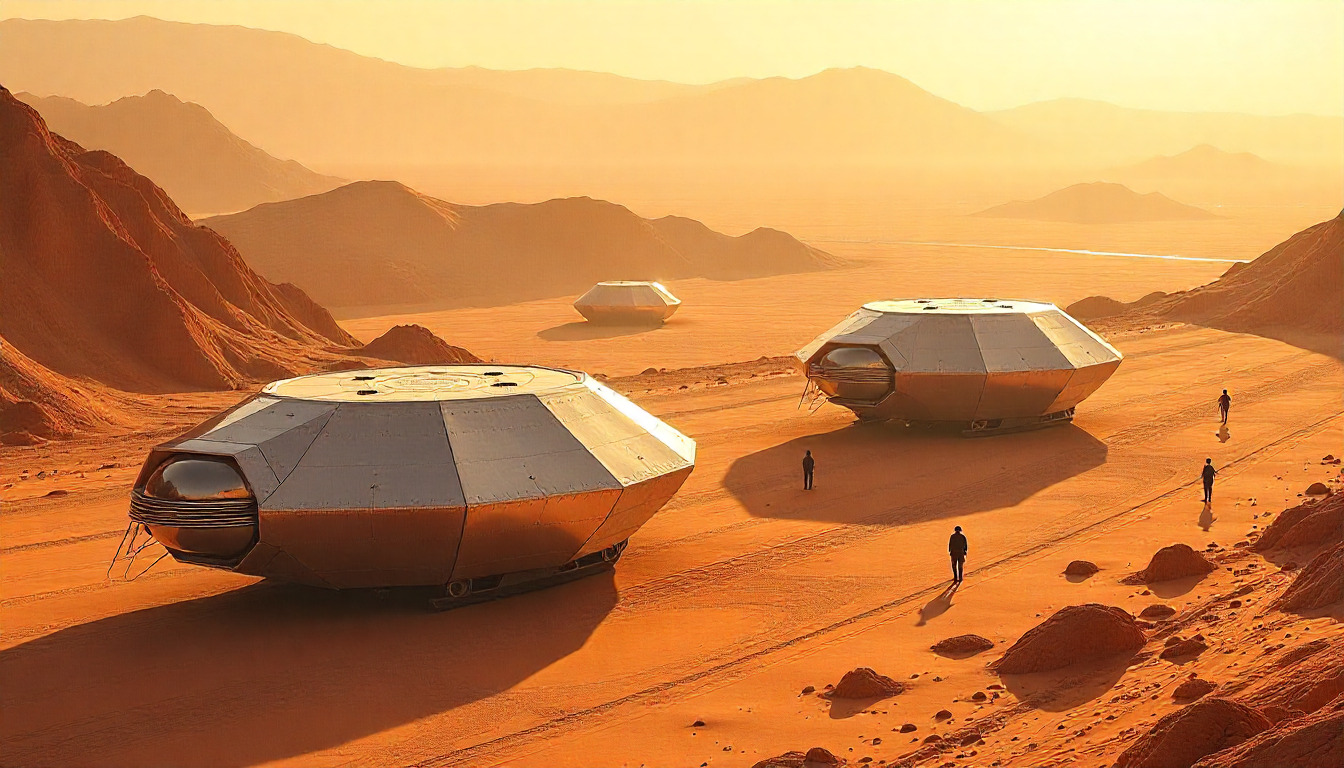 Futuristic cityscape with advanced technology infrastructure and neon lights in a desert setting at dusk