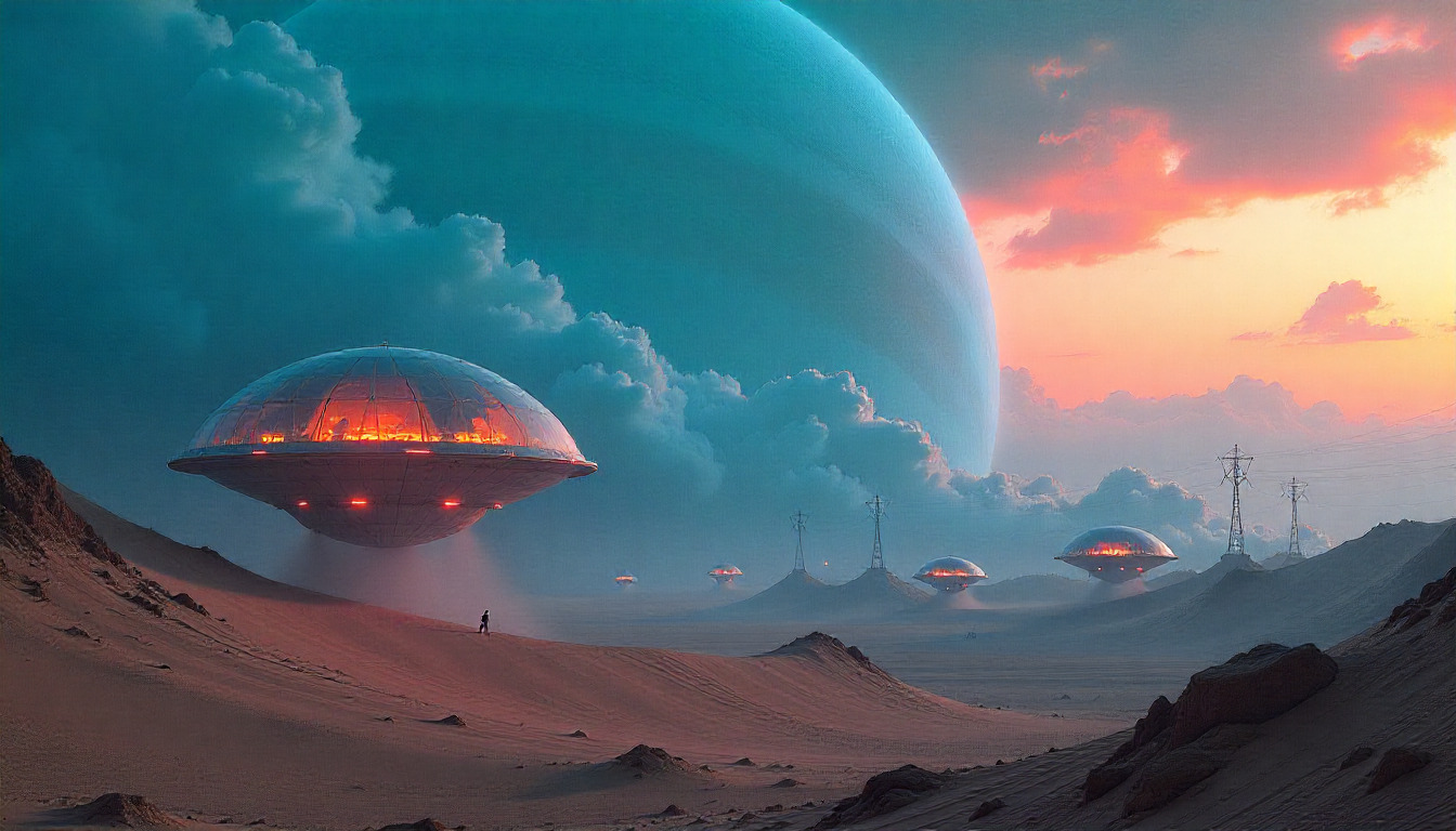 Futuristic cityscape with advanced technology infrastructure and neon lights in a desert setting at dusk