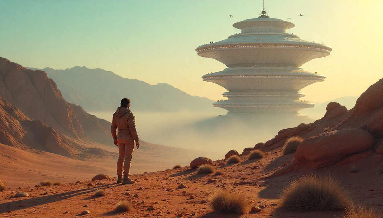 Futuristic cityscape with advanced technology infrastructure and neon lights in a desert setting at dusk