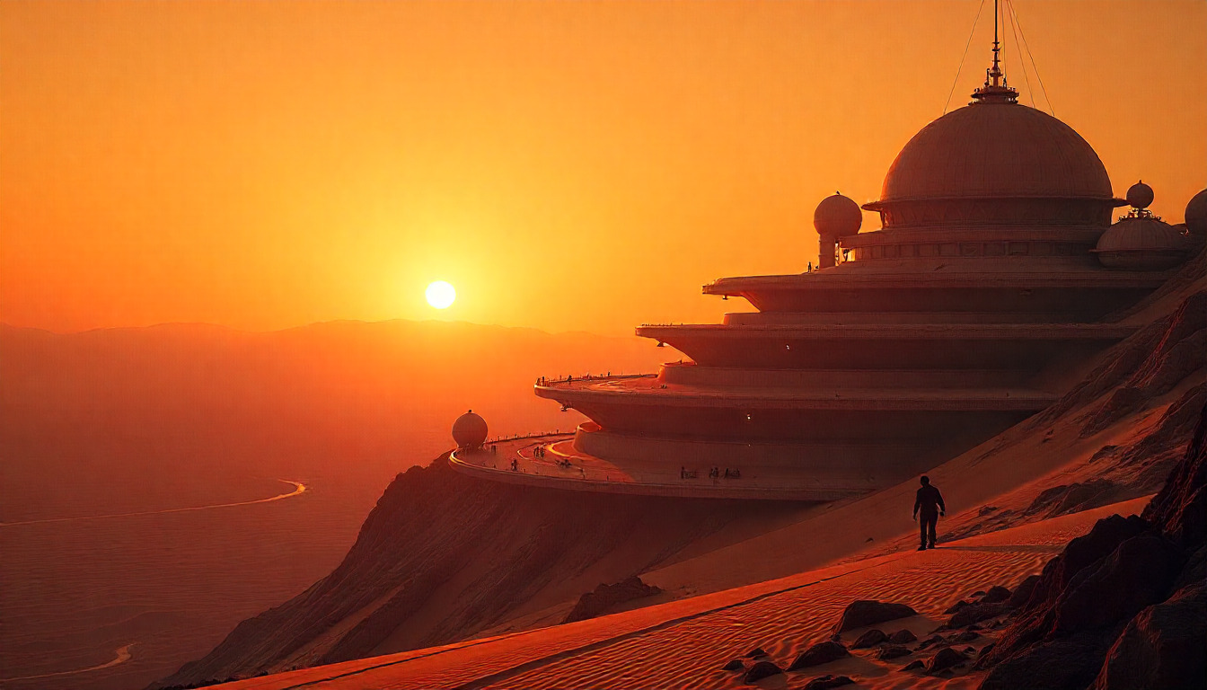 Futuristic cityscape with advanced technology infrastructure and neon lights in a desert setting at dusk