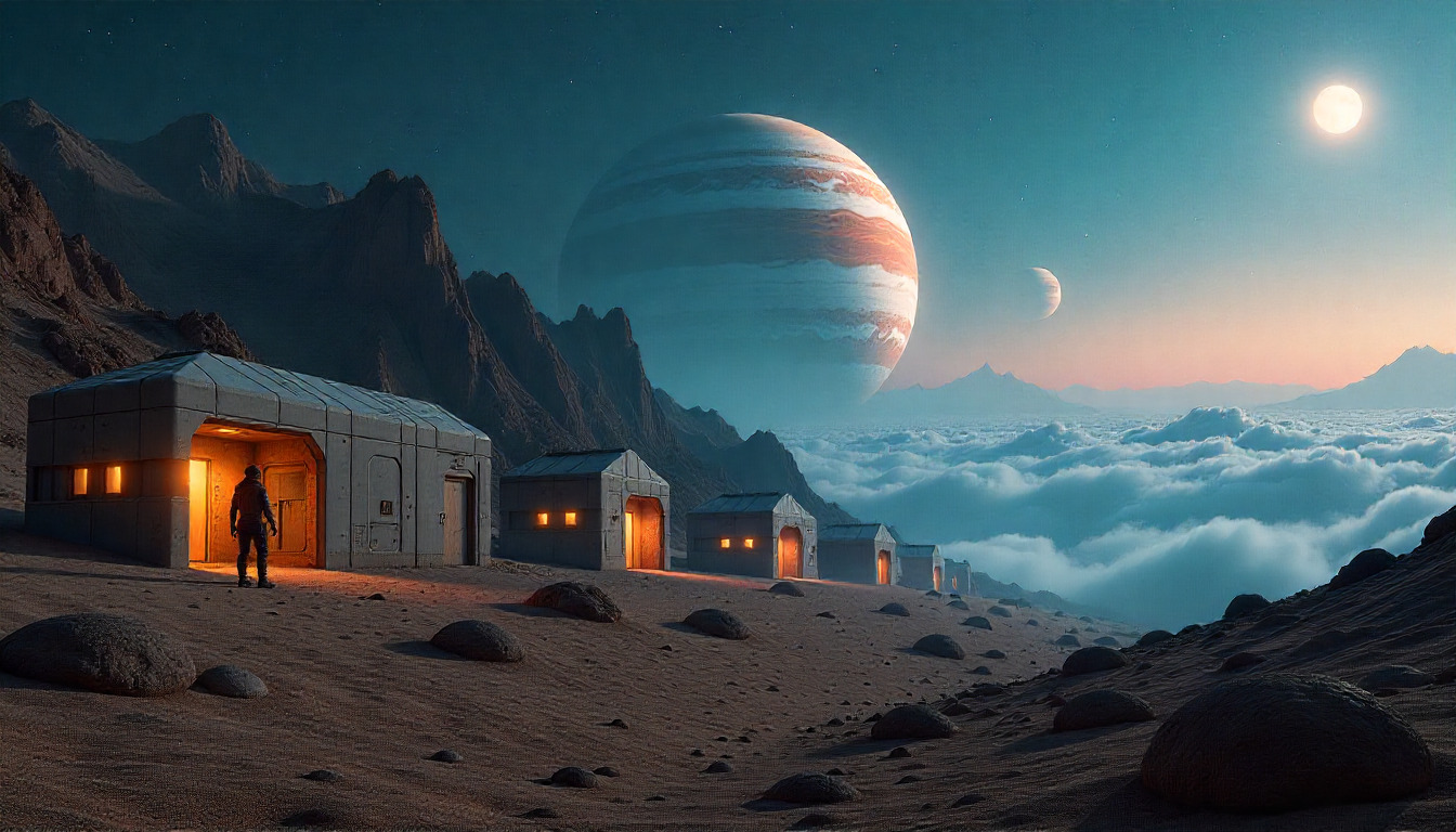 Futuristic cityscape with advanced technology infrastructure and neon lights in a desert setting at dusk