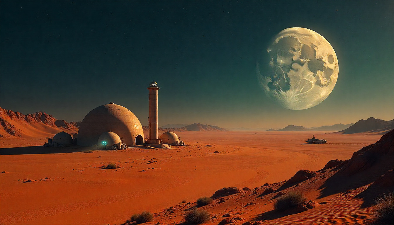 Futuristic cityscape with advanced technology infrastructure and neon lights in a desert setting at dusk