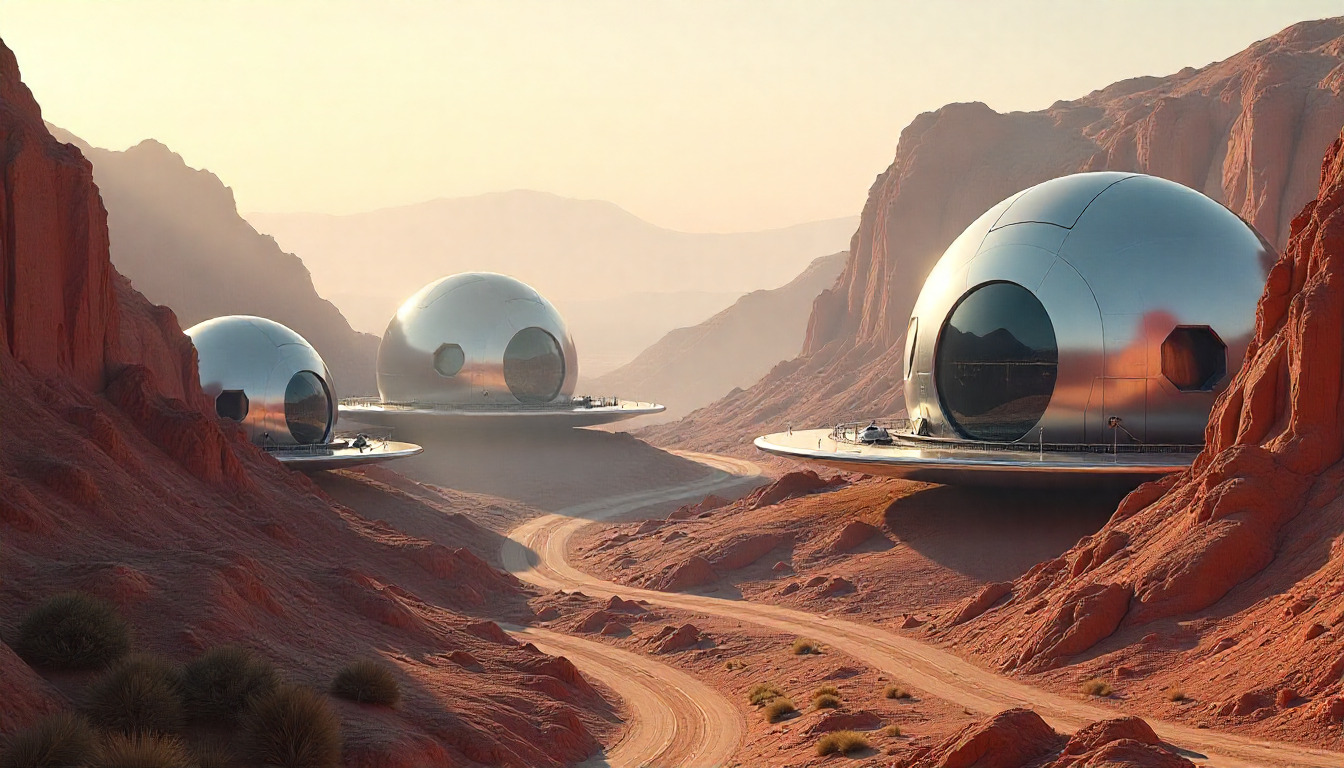 Futuristic cityscape with advanced technology infrastructure and neon lights in a desert setting at dusk