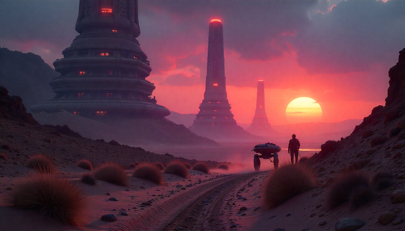 Futuristic cityscape with advanced technology infrastructure and neon lights in a desert setting at dusk