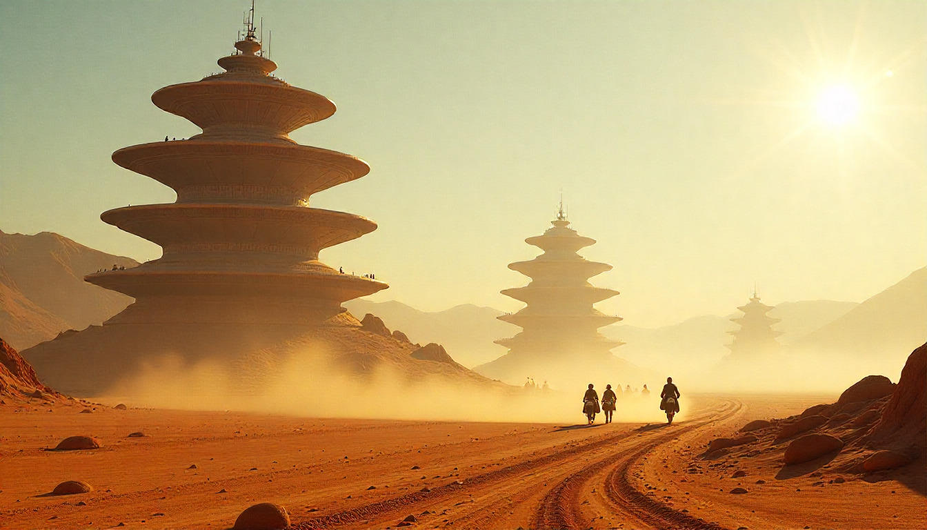 Futuristic cityscape with advanced technology infrastructure and neon lights in a desert setting at dusk
