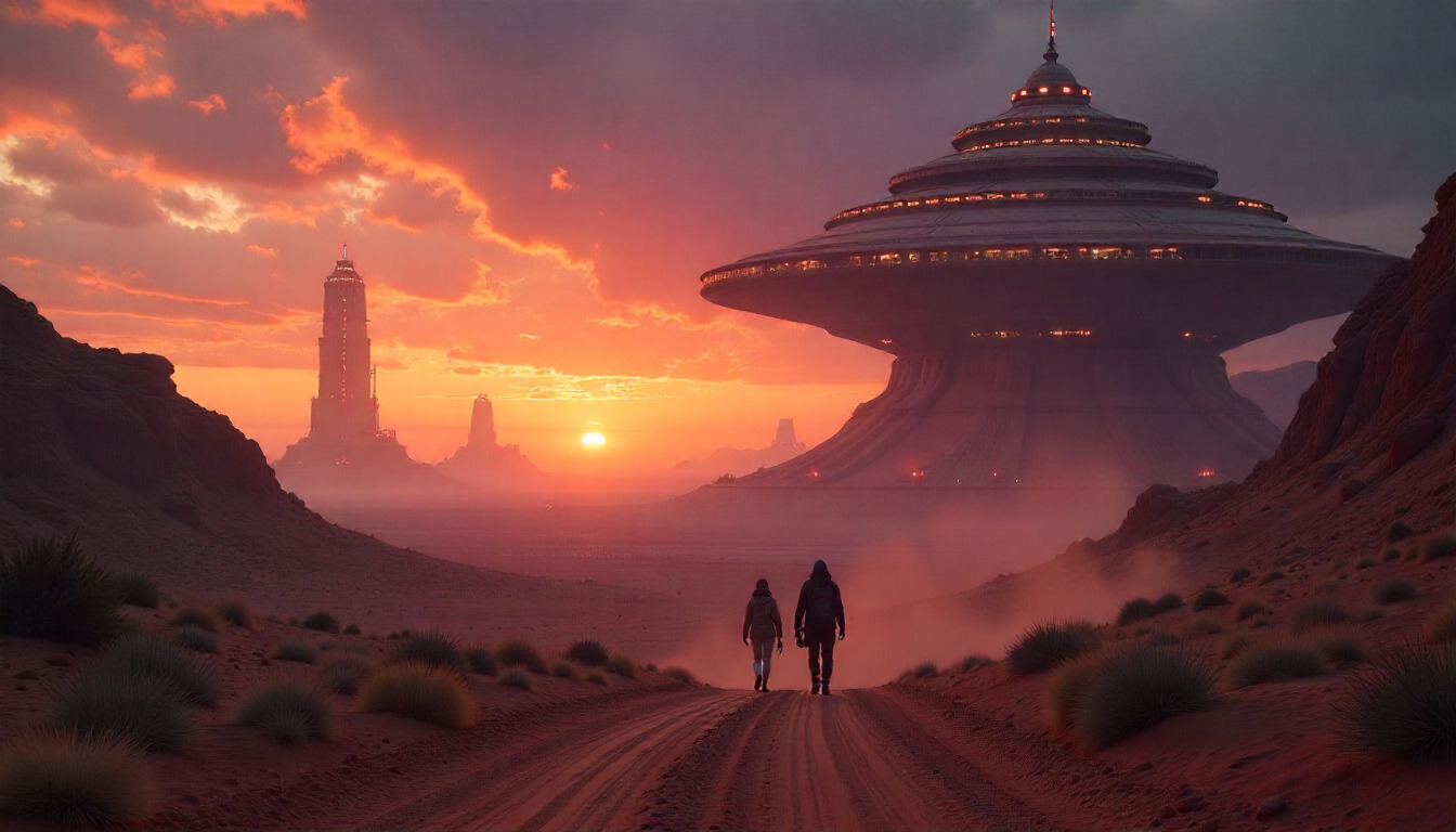 Futuristic cityscape with advanced technology infrastructure and neon lights in a desert setting at dusk