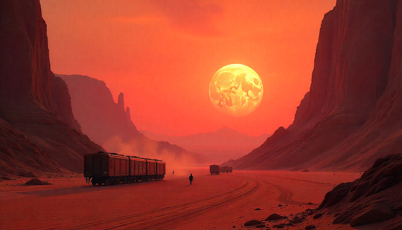 Futuristic cityscape with advanced technology infrastructure and neon lights in a desert setting at dusk