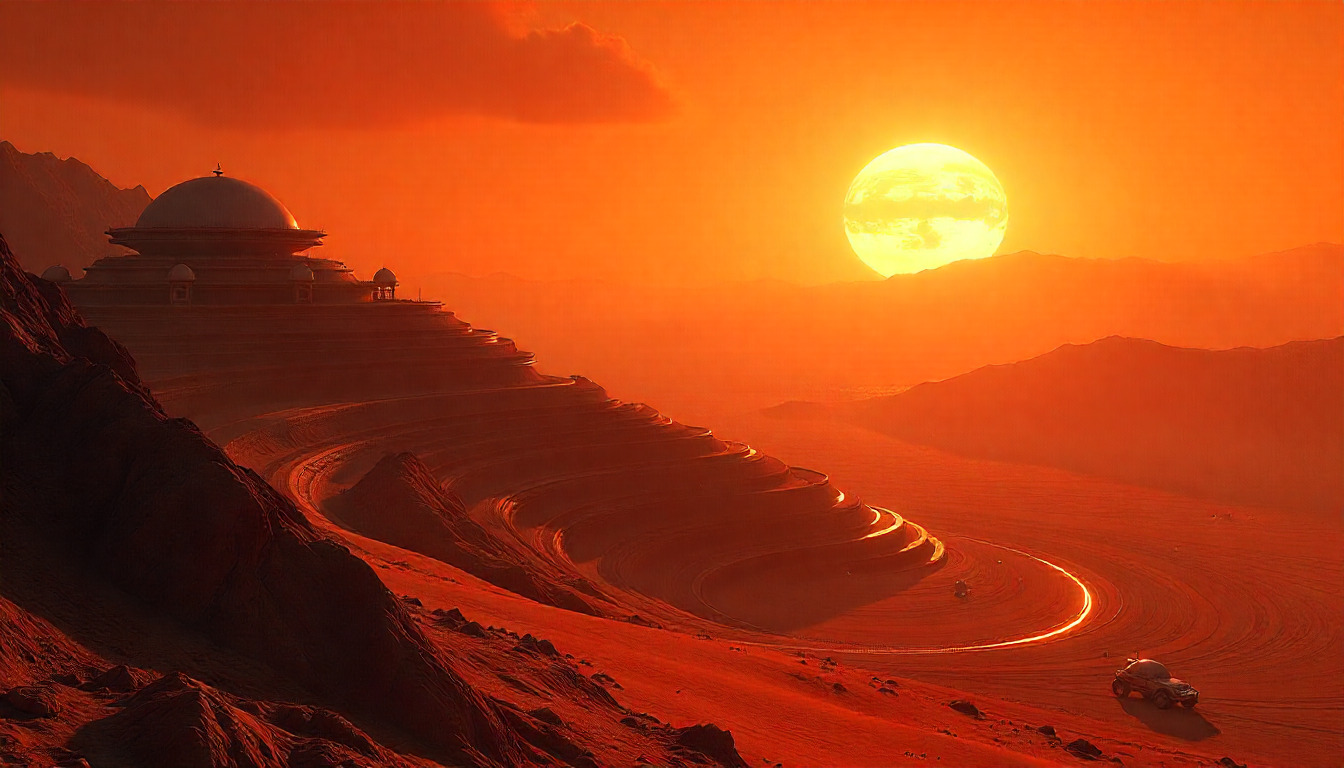 Futuristic cityscape with advanced technology infrastructure and neon lights in a desert setting at dusk