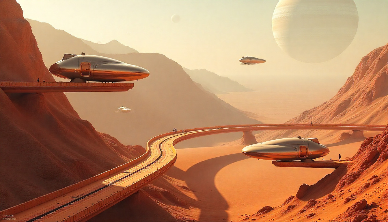 Futuristic cityscape with advanced technology infrastructure and neon lights in a desert setting at dusk