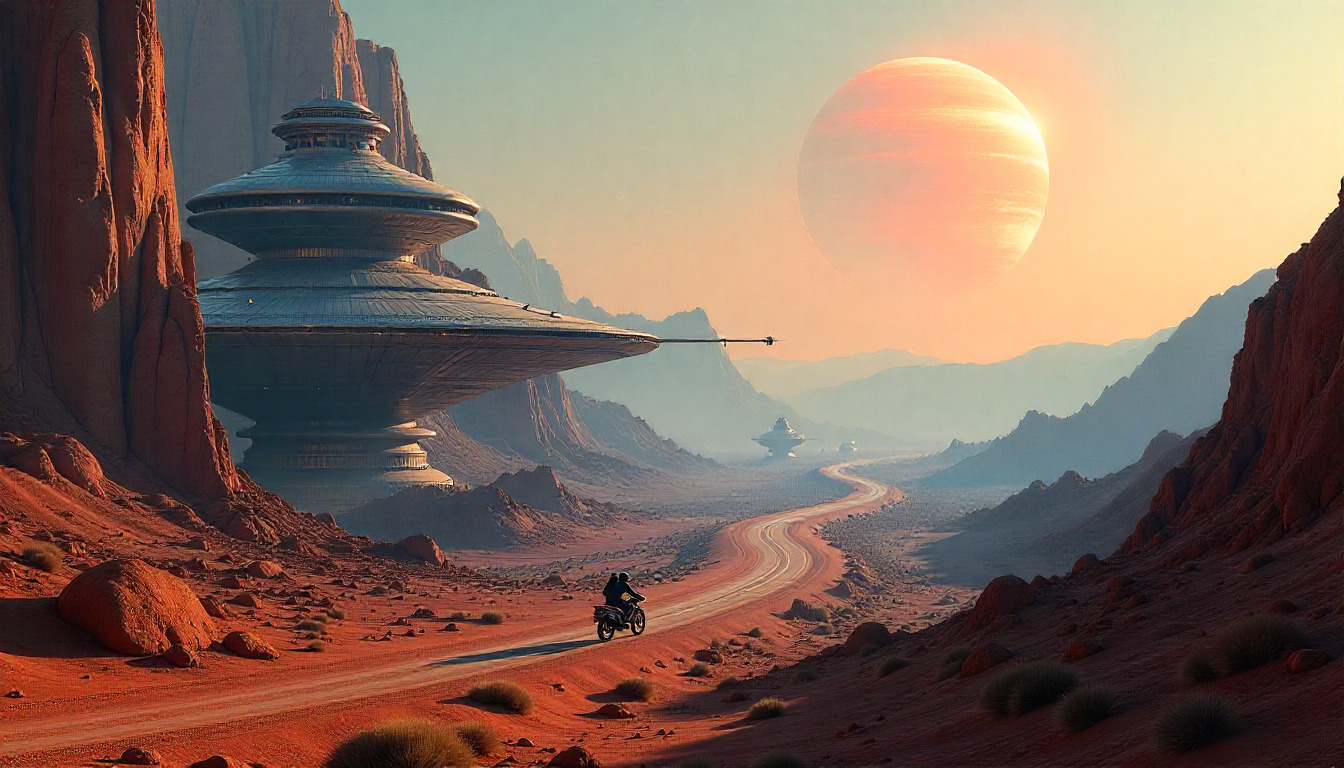 Futuristic cityscape with advanced technology infrastructure and neon lights in a desert setting at dusk