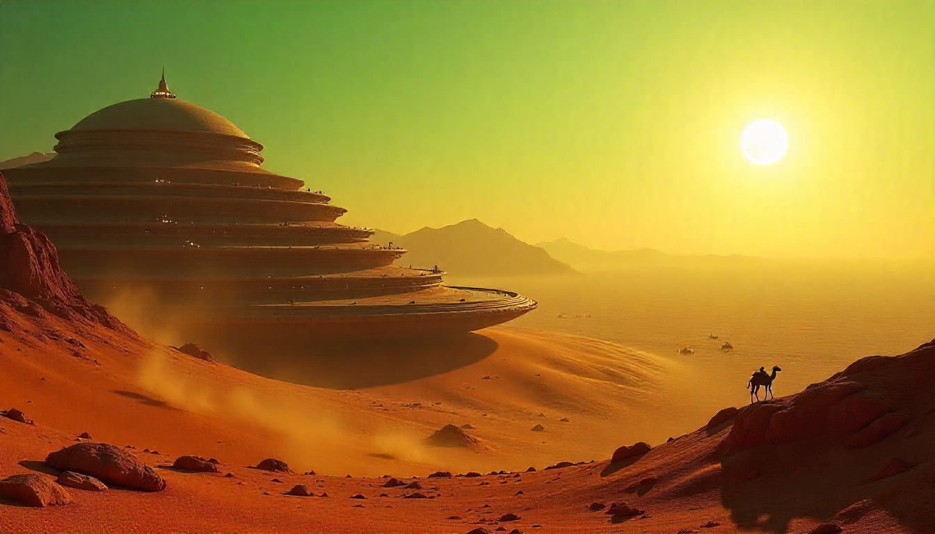 Futuristic cityscape with advanced technology infrastructure and neon lights in a desert setting at dusk