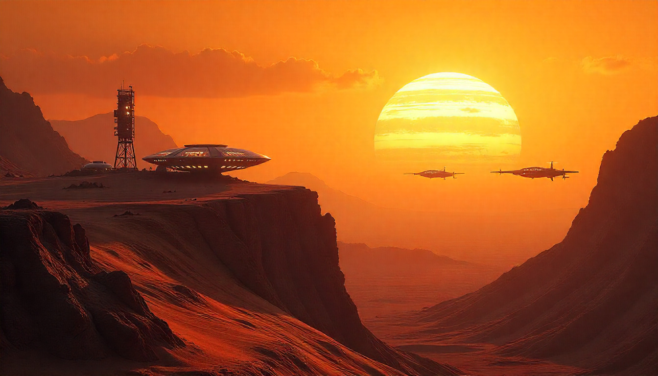 Futuristic cityscape with advanced technology infrastructure and neon lights in a desert setting at dusk