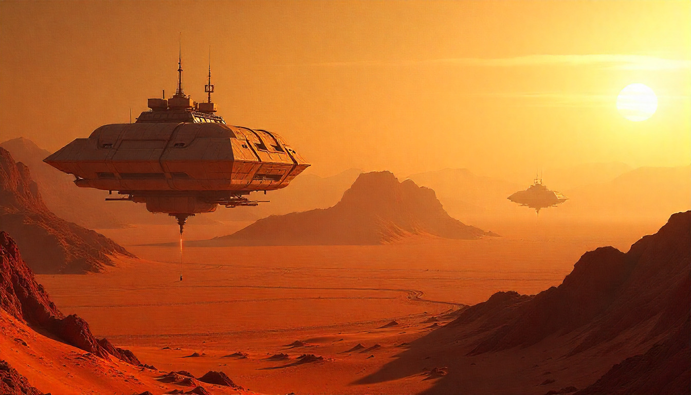 Futuristic desert cityscape at sunset with a central towering structure, rows of spherical buildings, and crowds of people