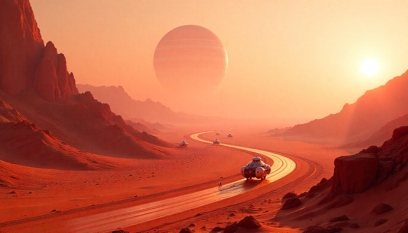 Futuristic cityscape with advanced technology infrastructure and neon lights in a desert setting at dusk