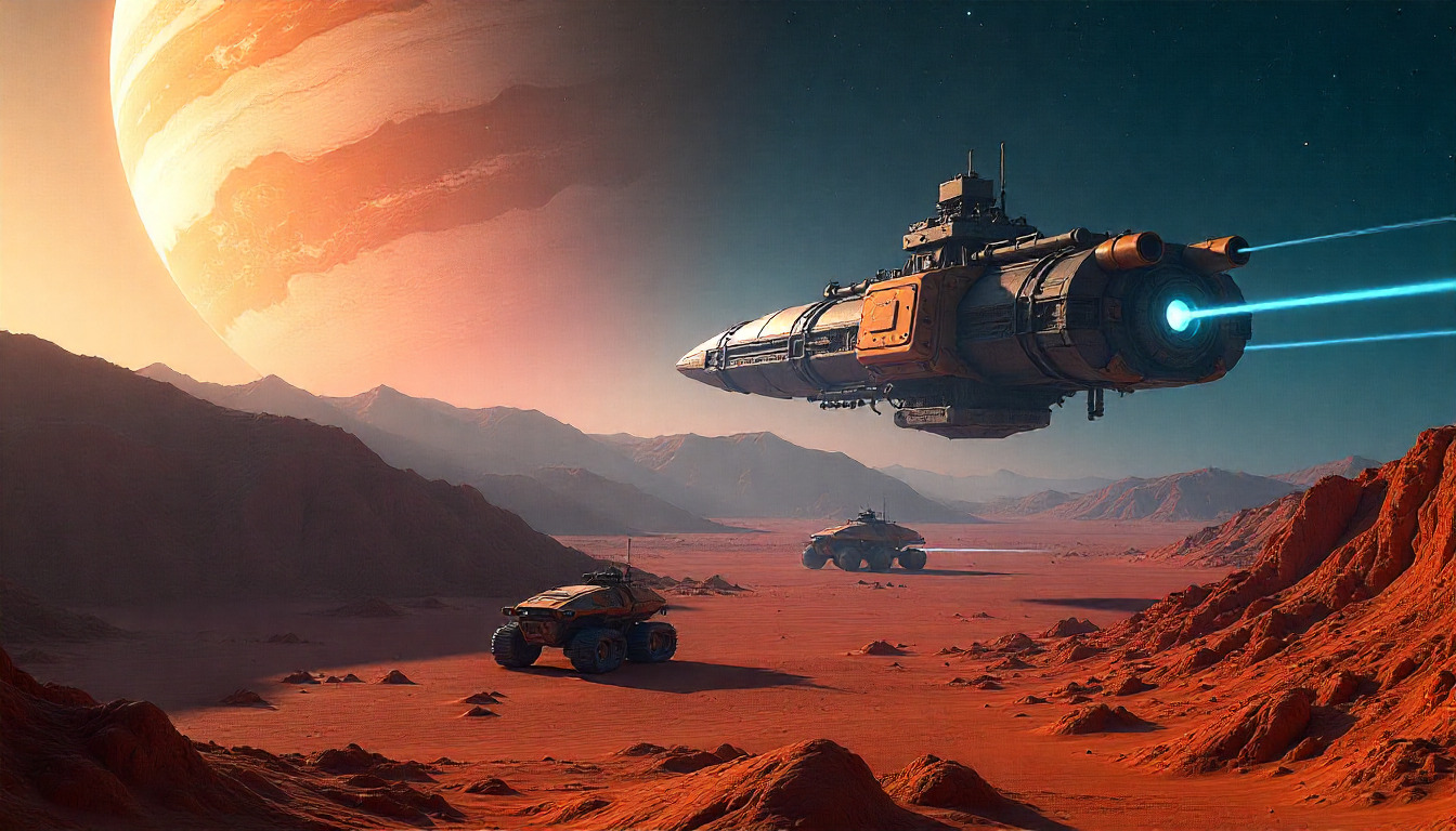 Futuristic cityscape with advanced technology infrastructure and neon lights in a desert setting at dusk